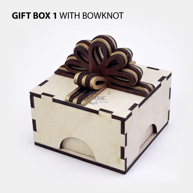 Gift boxes with layered wooden bowknot and ribbons