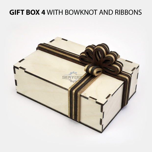 Gift boxes with layered wooden bowknot and ribbons