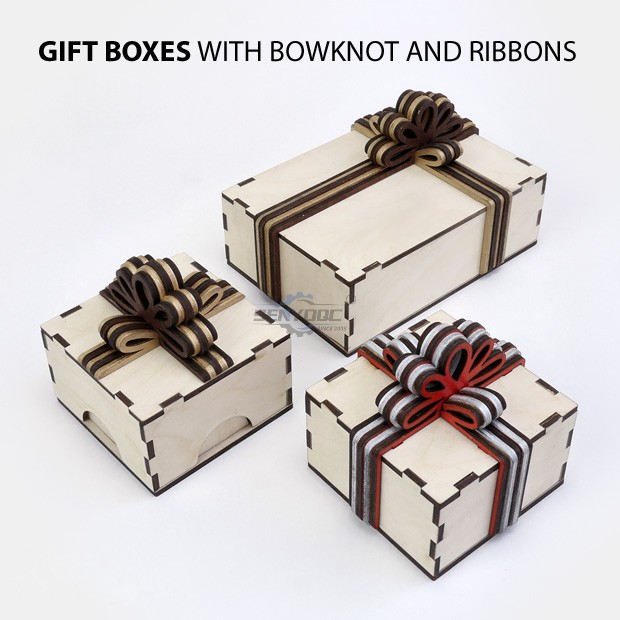 Gift boxes with layered wooden bowknot and ribbons
