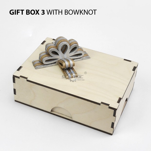 Gift boxes with layered wooden bowknot and ribbons