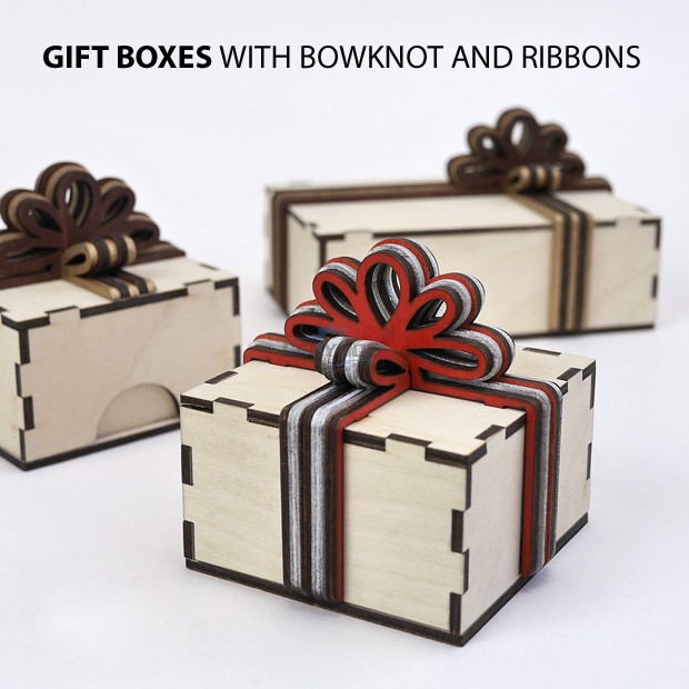 Gift boxes with layered wooden bowknot and ribbons