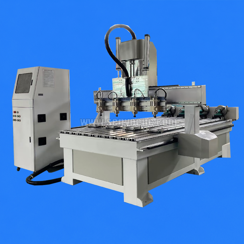 4 Heads CNC Router Machine with Movable 4 Rotary Axis on Worktable for Multi-Station Wood Carving and Cylindrical Engraving