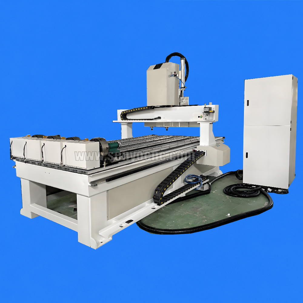 4 Heads CNC Router Machine with Movable 4 Rotary Axis on Worktable for Multi-Station Wood Carving and Cylindrical Engraving