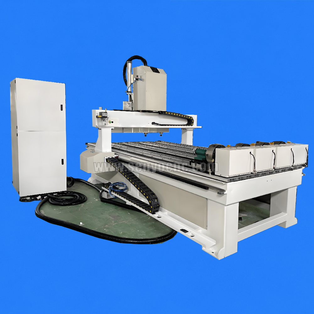 4 Heads CNC Router Machine with Movable 4 Rotary Axis on Worktable for Multi-Station Wood Carving and Cylindrical Engraving