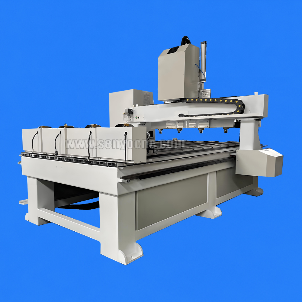 4 Heads CNC Router Machine with Movable 4 Rotary Axis on Worktable for Multi-Station Wood Carving and Cylindrical Engraving